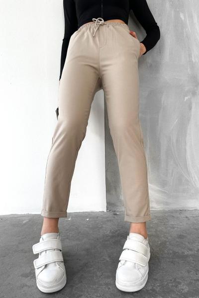 Kadın Bej Dar Paça Duble Paça Lastikli Bel Jogger Pantolon