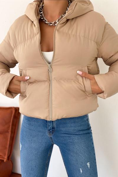 Kadın Bej Kum Elyaf Dolgu Kapüşonlu Kısa Crop Fit Şişme Mont