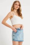 Kadın Beyaz Denim kot Şort Asimetrik Kapamalı Fermuarlı Jeans Şort Etek / Bermuda