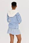 Kadın Beyaz / Mavi Kapüşonlu Cepli Oversize Trençkot Kolej Dokuma Garni Denim Jean Ceket