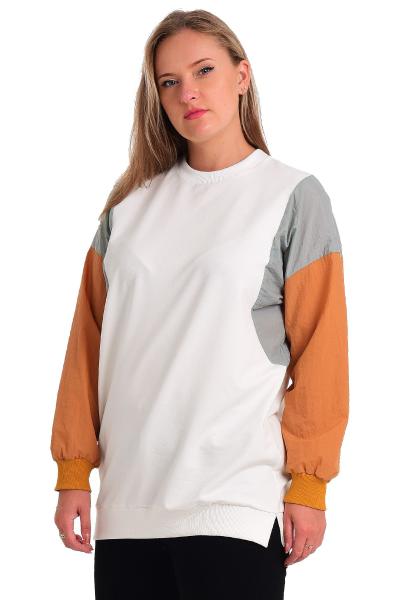 Kadın Beyaz / Pudra / Turuncu/ Su Yeşili Kolları Paraşüt Kumaş Yırtmaçlı Pamuk Oversize Sweat