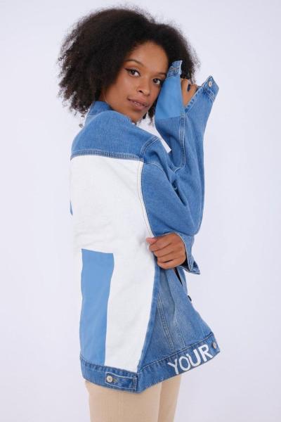 Kadın Denim Ceket Twist Your Style Baskılı Arkası Bloklu Renk Mavi Oversize Kot Ceket