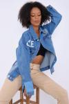 Kadın Denim Ceket Twist Your Style Baskılı Arkası Bloklu Renk Mavi Oversize Kot Ceket