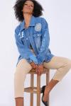 Kadın Denim Ceket Twist Your Style Baskılı Arkası Bloklu Renk Mavi Oversize Kot Ceket