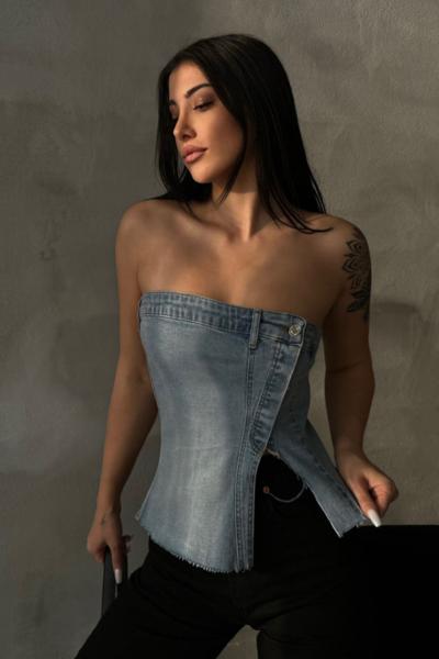 Kadın Fermuarlı Jean Kot denim Büstiyer Bluz Fermuarlı Asimetri Mavi Denim Straplez Büstiyer
