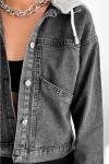 Kadın Füme Kar Yıkama Denim Kapüşonlu Torba Cepli Jeans Kolaj Biker Kot Çeket