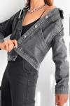 Kadın Füme Kar Yıkama Denim Kapüşonlu Torba Cepli Jeans Kolaj Biker Kot Çeket