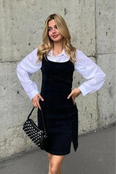 Kadın Jean Mini Elbise Arkası Fermuarlı Yırtmaçlı Mini Denim Elbise Siyah