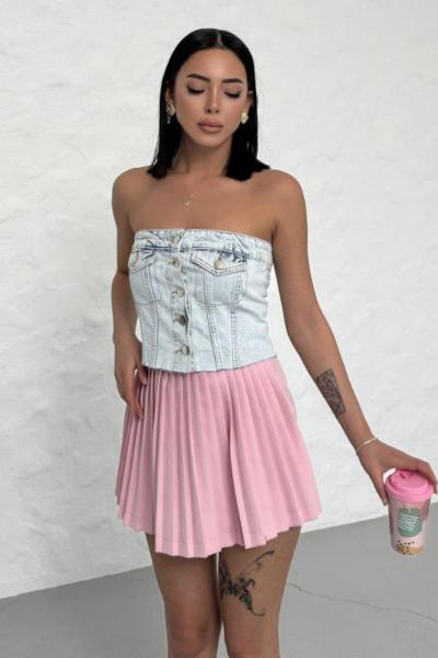 Kadın Jean Kot denim Büstiyer Bluz Düğmeli Cepli Mavi Denim Straplez Büstiyer Büzgülü  Büstiyer
