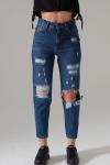 Kadın Koyu Mavi Yüksek Bel Pantolon Yırtık Mom Fit Jeans