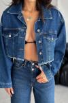 Kadın Koyu Mavi Saçaklı Çift Cepli Önü Düğmeli Lazer Kesim Crop Denim Kot Jean Ceket