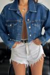 Kadın Koyu Mavi Saçaklı Çift Cepli Önü Düğmeli Lazer Kesim Crop Denim Kot Jean Ceket