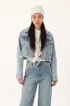 Kadın Koyu Mavi Saçaklı Çift Cepli Önü Düğmeli Lazer Kesim Crop Denim Kot Jean Ceket