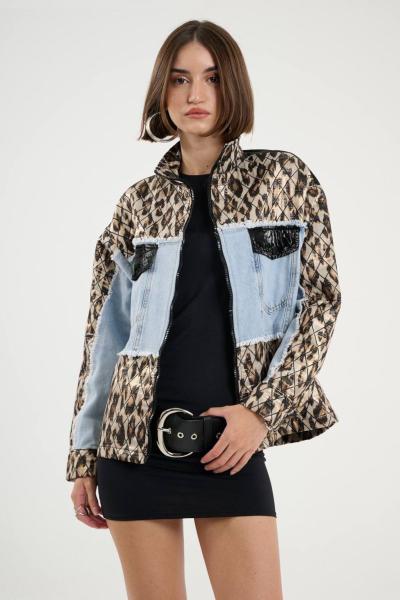 Kadın Leopar Desen Denim Ceket Bloklu Renk Cep Detaylı Kolej Gabardin Ceket