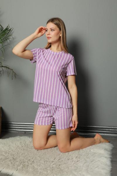 Kadın Lila Bisiklet Yaka Baskılı Şortlu Kısa Pijama Takım