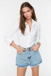 Kadın Mavi Kar Yıkama Denim Kot Şort Saçaklı Jeans Şort