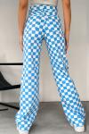 Kadın Mavi Dama Desen Geniş Paça Damalı Kareli Palazzo Mom Jeans Kot Pantolon