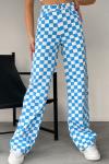Kadın Mavi Dama Desen Geniş Paça Damalı Kareli Palazzo Mom Jeans Kot Pantolon