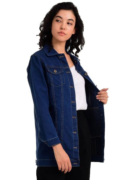 Kadın Mavi Denim Hafif Uzun Jeans Kot Ceket