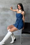 Kadın Mavi Mini Denim Elbise Koyu Mavi Boydan Düğmeli Kuşaklı  Jeans  Mini  İp Askılı Elbise