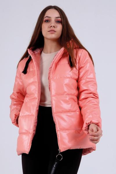 Kadın Pembe Elyaf Dolgu Kapüşonlu Şişme Deri Mont