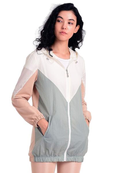 Kadın Pembe/yeşil Kapüşonlu Örme Kumaş Ve Paraşüt Kumaş Yağmurluk / Rüzgarlık