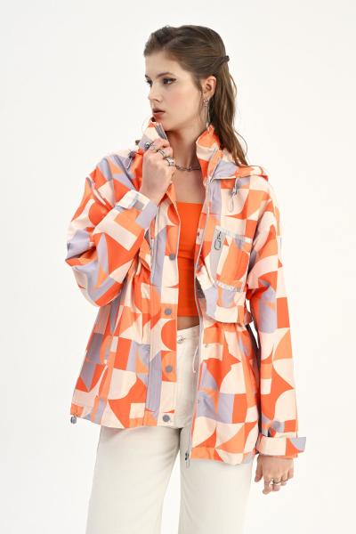 Kadın Pembe Fuşya Beyaz  Baskılı  Ceket  Su Itici Özellikli Bondit Oversize Yağmurluk / Rüzgarlık