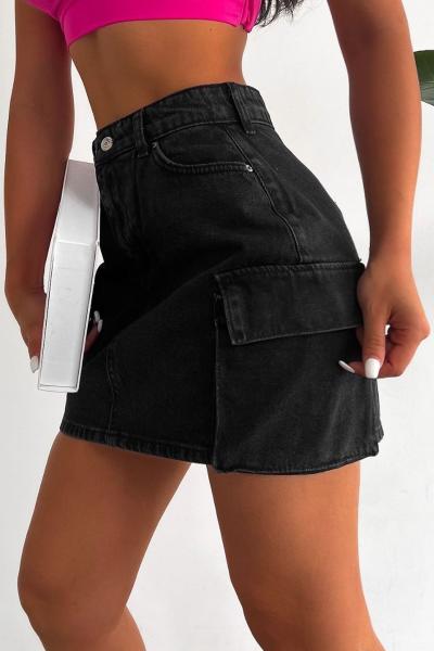 Kadın Siyah Kot Kumaş Slim Comfort Kalıp Kargo Cepli Mini Denim Etek