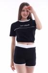 Kadın Siyah Büstiyerli Şort / Crop T-shirt Pijama Takım