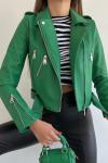 Kadın Yeşil Astarlı Çapraz Fermuarlı Crop Biker Deri Ceket