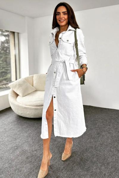 Kırık Beyaz Etek Saçaklı   Boydan Düğmeli Jean Elbise Kuşaklı Denim Mavi Jile Elbise