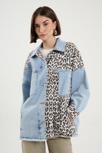 Mavi Leopar Desen Baskılı Gabardin Oversize Leopar Jean Ceket